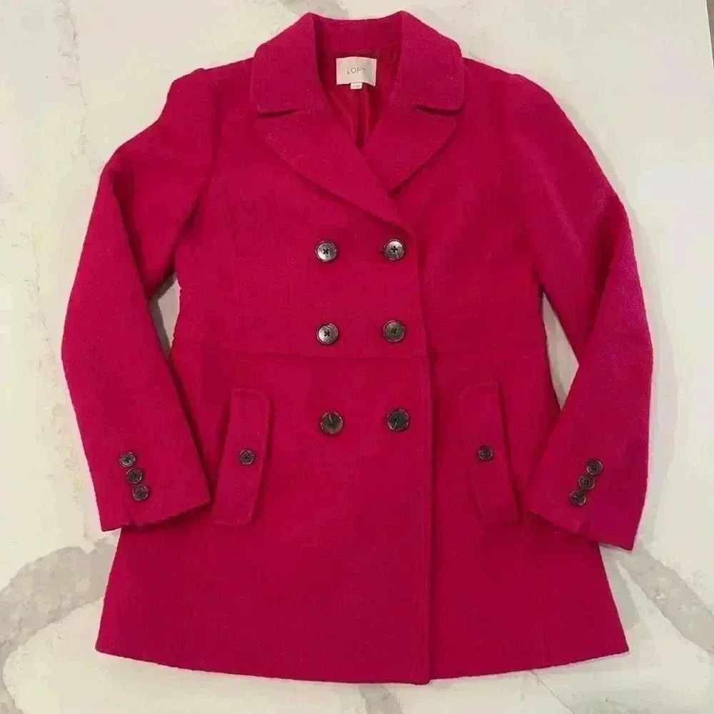 Ann Taylor Loft Magenta Pink Peacoat WoolBlend Womens 6 Outerwear Classic Preppy